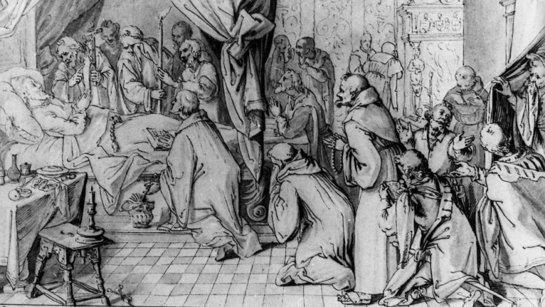 Nr. 20
Nr. 14 des Anno-Zyklus
Louvre, Paris
Gezeichnet von Augustin Braun im Jahre 1600.
Zeichnung Nr. 14: Anno stirbt Nr. 20
Nr. 14 des Anno-Zyklus
Louvre, Paris
Gezeichnet von Augustin Braun im Jahre 1600.
Zeichnung Nr. 14: Anno stirbt
