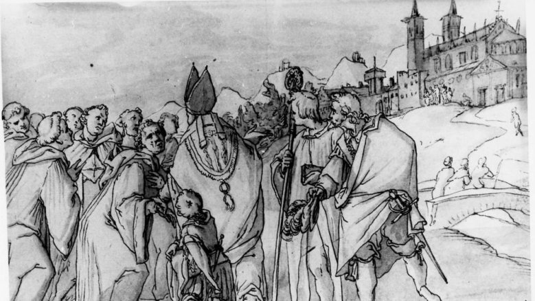 Nr. 15
Nr. 9 des Anno-Zyklus
Louvre, Paris 
Gezeichnet von Augustin Braun im Jahre 1600.
Zeichnung Nr. 9: Anno erbaut die Abtei Siegburg und übergibt sie den Mönchen.