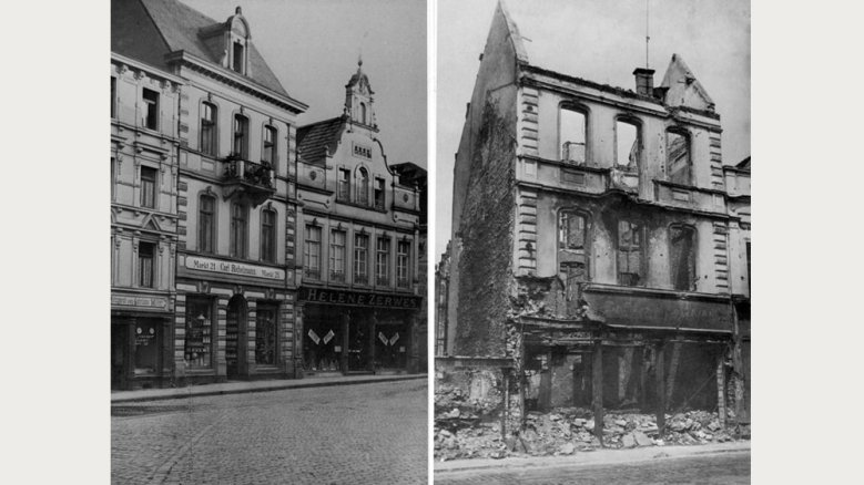 Geschäft Richelmann 1910 (l.) und am 12. März 1945