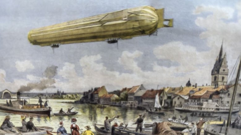 Testflug von LZ 4 über den Bodensee, Lithografie von Paul Dufresne, 1908 Testflug von LZ 4 über den Bodensee, Lithografie von Paul Dufresne, 1908