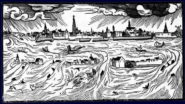 Allerheiligenflut 1570, Zeitgenössisches Flugblatt von Hans Moser Allerheiligenflut 1570, Zeitgenössisches Flugblatt von Hans Moser