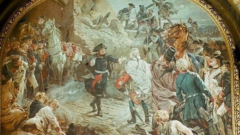 Friedrich der Große begrüßt seinen Reitergeneral Hans Joachim von Ziethen nach der Schlacht von Torgau
