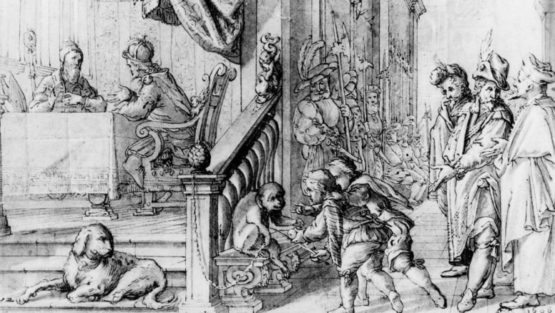 Nr. 17

Nr. 11 des Anno-Zyklus

Louvre, Paris 

Gezeichnet von Augustin Braun im Jahre 1600.



Zeichnung Nr. 11: Anno läßt sich an den Hof Heinrichs IV. zurückrufen und schafft wieder Frieden und Recht; datiert 1600