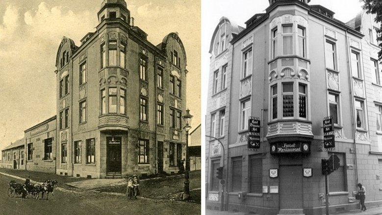 "Zum alten Driesch", später "Driescher Hof" in der Augustastraße im Jahre 1914 und rechts im Jahre 1974