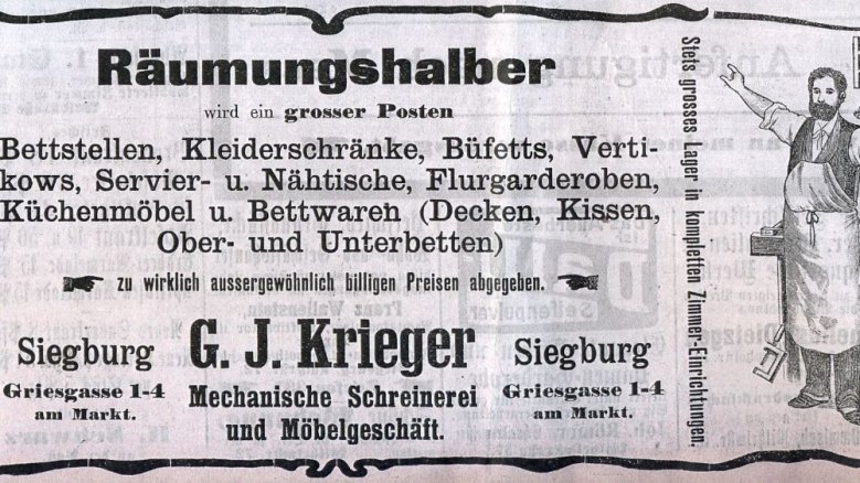 Anzeige "Mechanische Schreinerei und Möbelgeschäft G.J. Krieger" Anzeige "Mechanische Schreinerei und Möbelgeschäft G.J. Krieger"