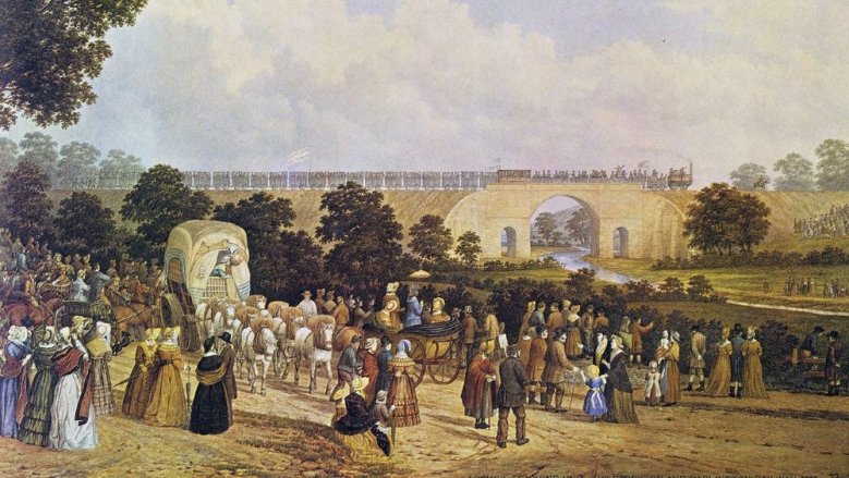 Einweihung der "Stockton and Darlington Railway", Gemälde von John Dobbin Einweihung der "Stockton and Darlington Railway", Gemälde von John Dobbin