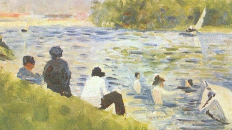 Badende und weißes Pferd im Fluss Badende und weißes Pferd im Fluss