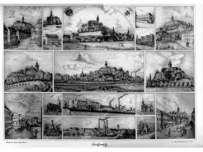 Das Bild zeigt eine Collage von Bleistiftzeichnungen mit Bildern von Siegburg um 1881 