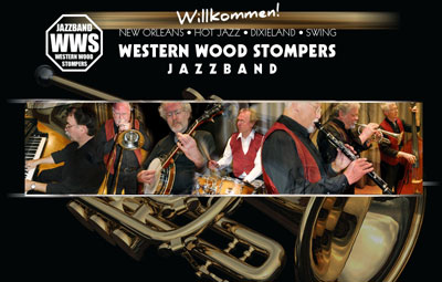 Das Foto zeigt Jazzmusiker und den Schriftzug der Western Wood Stompers