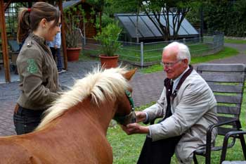 Ein Bewohner füttert ein Pony im Seniorenzentrum Am Hohen Ufer