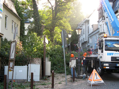 Das Foto zeigt die Fällung der Akazie in der Bergstraße