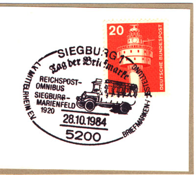 Das Foto zeigt einen Sonderstempel von Siegburg auf einer 20 Pfennig Briefmarke