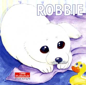 Eine bunte Zeichnung der Robbe Robbie mit Badeente