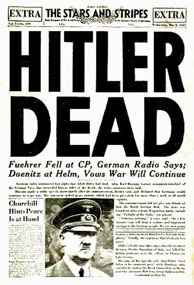 2020-04-30 - Hitler Dead Schlagzeile der Weltgeschichte in "Stars and Stripes"
