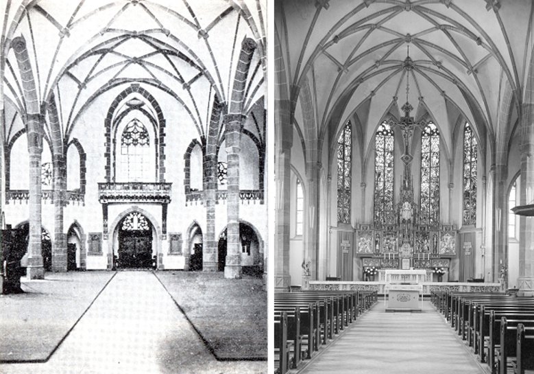 2020-08-08_anno-kirche-innen-und-anno2.jpg Frühe Innenansicht der Annokirche (links), Annokirche im August 1965 (rechts)