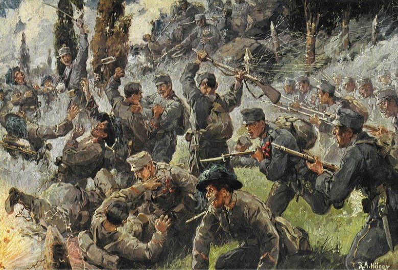 Isonzoschlacht Nahkampf auf dem Doberdo an der Isonzo-Front, Zeichnung von R.A. Höger (1873-1930)