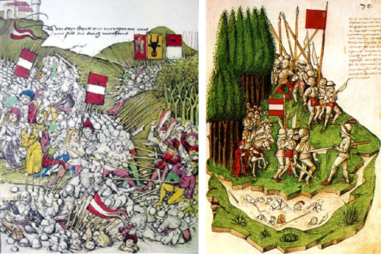 2020-11-15_morgarten1+2.jpg Schlacht am Morgarten, zeitgenössische Darstellung von Schilling sowie eine Darstellung von Bendis Tschachtla aus dem Jahr 1470