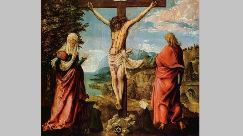 Karfreitag Christus am Kreuz, mit Maria und Johannes, Gemälde von Abrecht Altdorfer, 1515