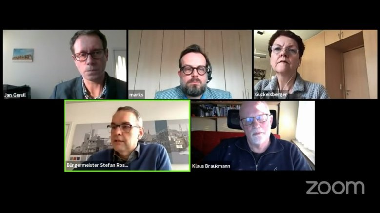 Bürgersprechstunde Screenshot mit Jan Gerull, Stephan Marks und Barabara Guckelsberger (obere reihe von links nach rechts) sowie Stephan Rosemann und Klaus Braukmann (untere Reihe von links nach rechts)