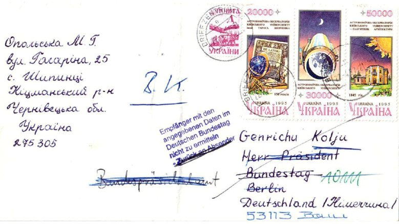 Briefmarkenfreunde Brief an "Bundestagspräsident Genrichu Kolju“ 1997