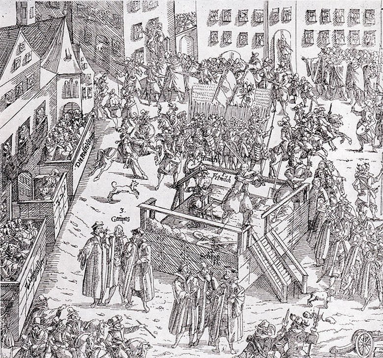 Hinrichtung Fettmilch 1616 Vincenz Fettmilch, Georg Ebel, Konrad Gerngroß und Konrad Schopp verlieren auf dem Frankfurter Roßmarkt den Kopf