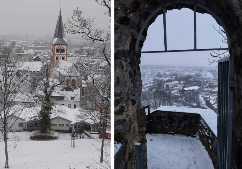 Servatiuskirche und Siegwerk im Schnee Doppelfoto: Blick vom Michaelsberg auf Servatiuskirche und Siegwerk im Schnee