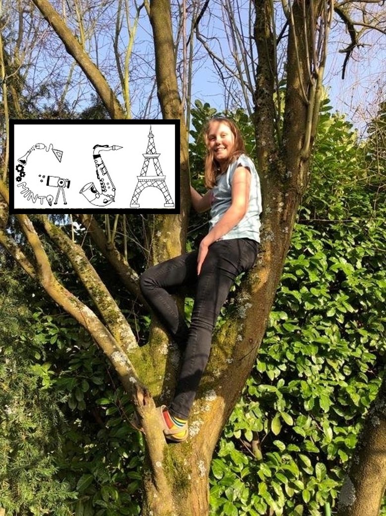 Juliane Scholz Mädchen in einem Baum, daneben ihr Gewinner-Entwurf