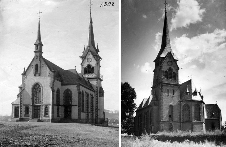St. Dreifaltigkeit-1902 und 1956 Wolsdorfer Kirche St. Dreifaltigkeit in den Jahren 1902 und 1956