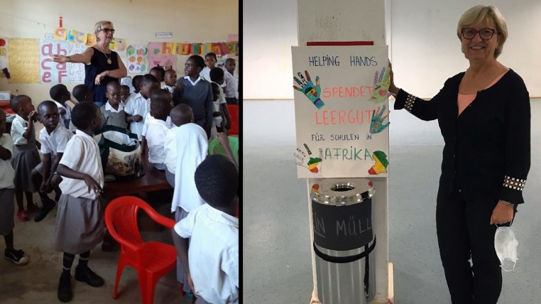 Gesamtschule-Pfandflaschen Doppelfoto: links Klaudia Swierzy mit Schülern der Mwakigwena Primary School, rechts Klaudia Swierzy an einer Sammeltonne in der Gesamtschule der Kreisstadt Siegburg
