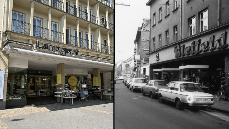 Landgraf Bleifeld Links: Landgraf am Markt 2023, rechts: Bleifeld in der Holzgasse um 1970