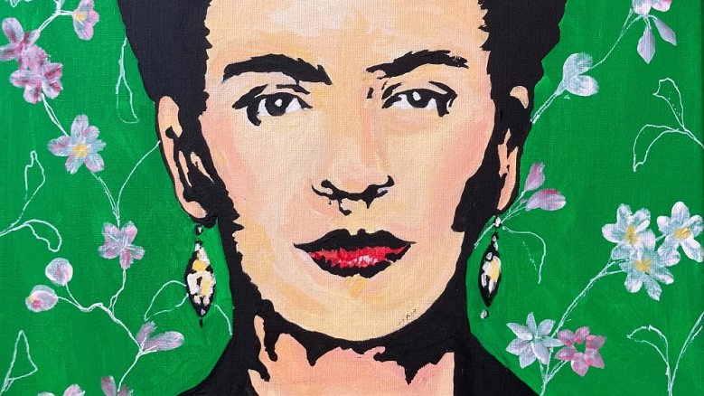 VHS Painting Time Frida Kahlo Ausschnitt aus einem Acrylfarben-Porträt von Frida Kahlo