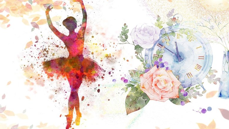 Ballett-Akademie Bonn: "The Four Seasons" Aquarellmalerei mit einer Ballerina, einer Rose und einem Wecker.