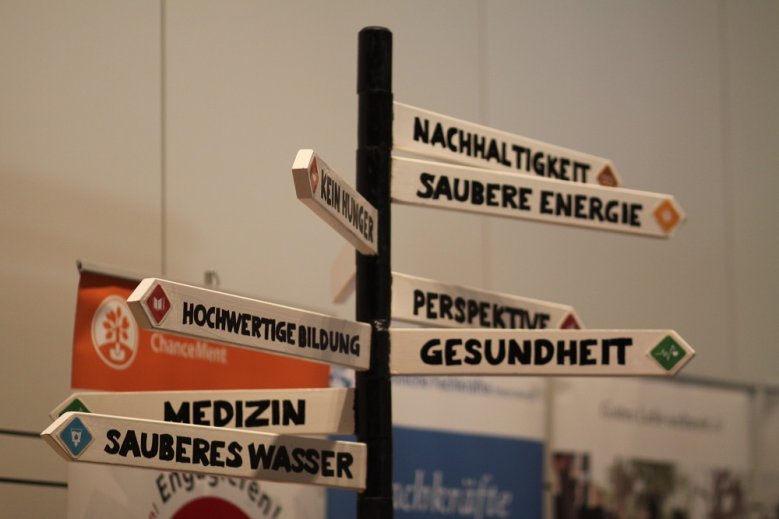 Engagement weltweit Schilderbaum mit Wegweisern zu "Nachhaltigkeit", "Saubere Energie", "Perspektive", "Gesundheit", "Hochwertige Bildung", "Medizin" und "Sauberes Wasser"
