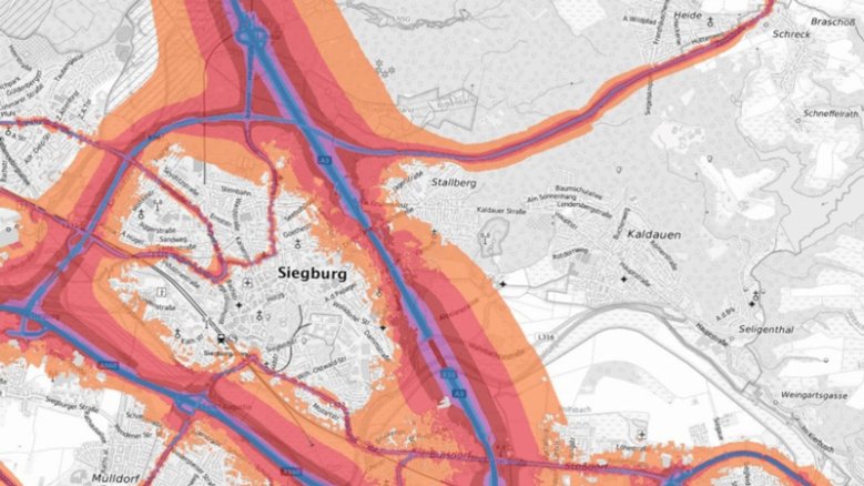 Teaser - Lärmaktionsplan Das Bild zeigt eine graphische Darstellung von Bereichen in Siegburg mit erhöhter Lärmbelästigung