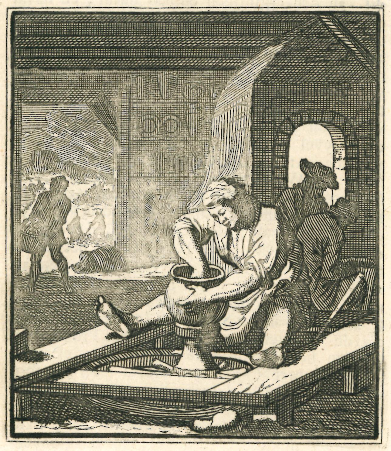 Das Bild zeigt eine Töpferwerkstatt im 17. Jahrhundert. Im Vordergrund sitzt ein Töpfer am Töpferrad und dreht einen großen Krug.