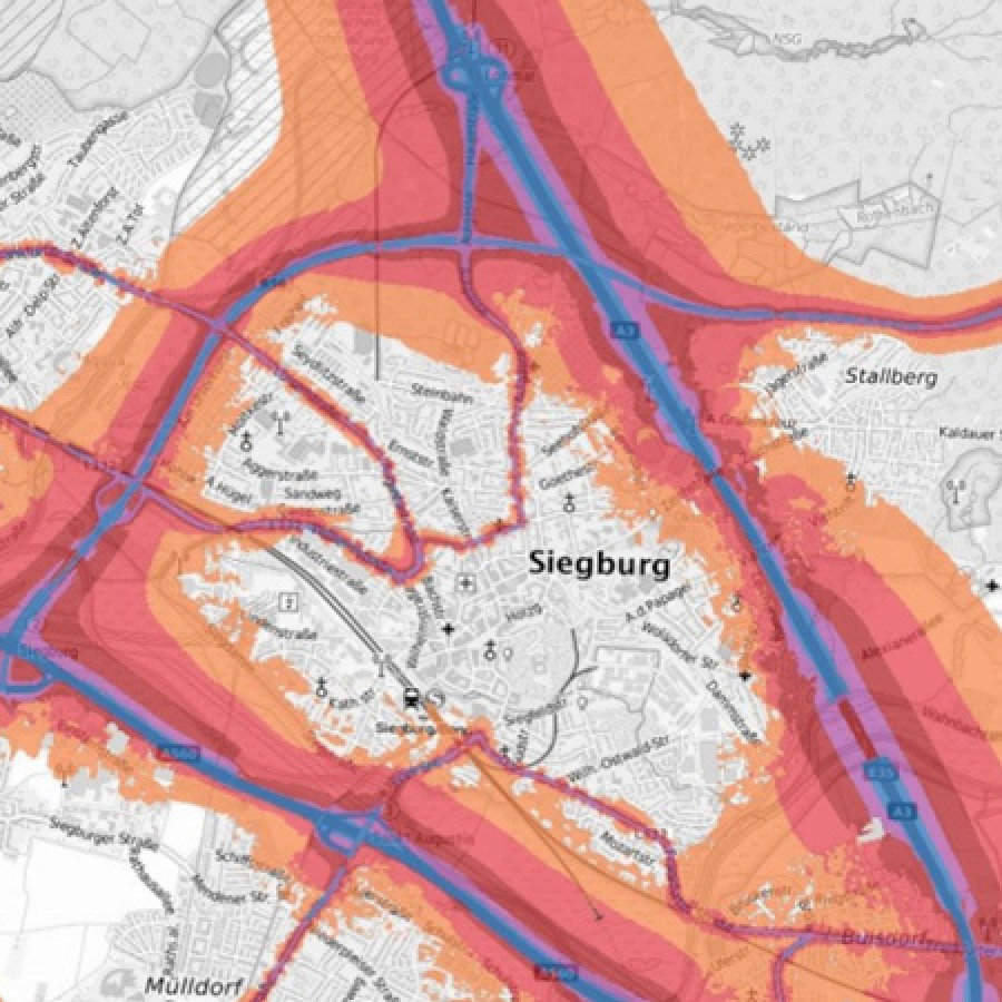 Das Bild zeigt eine graphische Darstellung von Bereichen in Siegburg mit erhöhter Lärmbelästigung