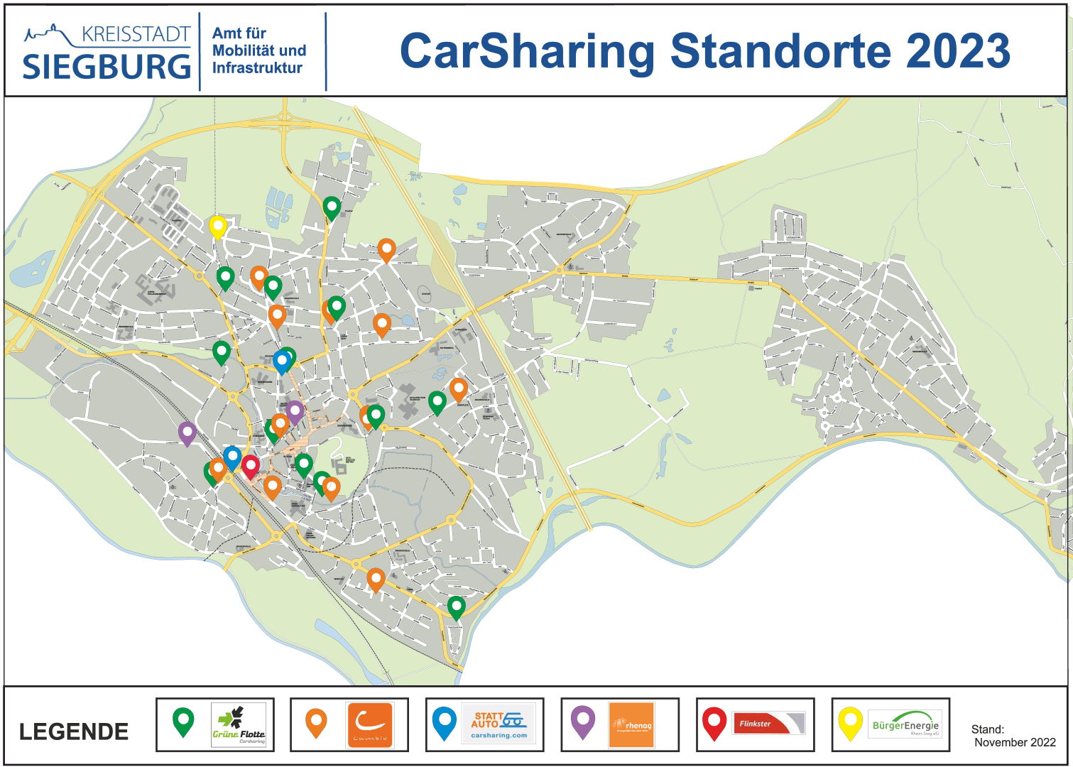 Eine Karte von Siegburg die die aktuellen CarSharing Angebote zeigt