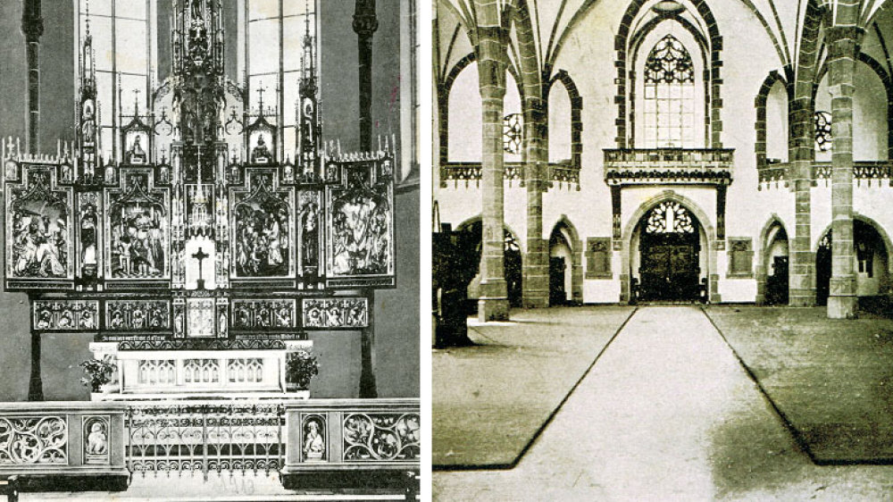 Hochaltar der Annokirche, rechts der Blick zurück vom Altarraum zu Eingangstüre und Kirchturm an der Weierstraße