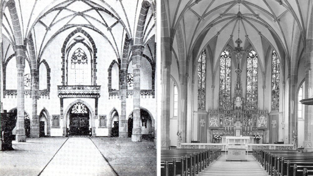 Frühe Innenansicht der Annokirche (links), Annokirche im August 1965 (rechts)