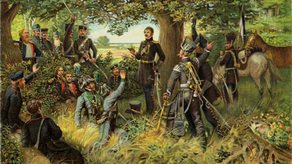 Theodor Körner liest den Lützower Jägern seine Kriegslieder vor (alte Postkarte von Richard Knötel, 1857-1914)