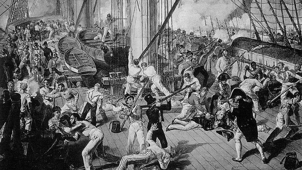 Der englische Admiral Horatio Viscount Nelson mit seiner Flotte bei der Seeschlacht von Trafalgar