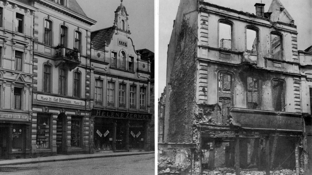 Geschäft Carl Richelmann, Markt 21, im Jahre 1910 (l.) und kriegszerstört am 12. März 1945