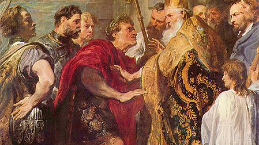 Der Heilige Ambrosius mit Kaiser Theodosius, Gemälde von Anthonis van Dyck (1599-1641)