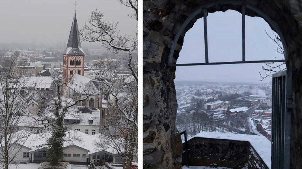 Doppelfoto: Blick vom Michaelsberg auf Servatiuskirche und Siegwerk im Schnee