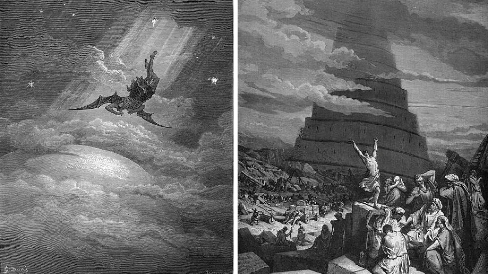 Illustrationen von Gustave Doré: „Sturz des Satan“ zu John Miltons "Paradise Lost" 1866 (l.) und „Sprachverwirrung“