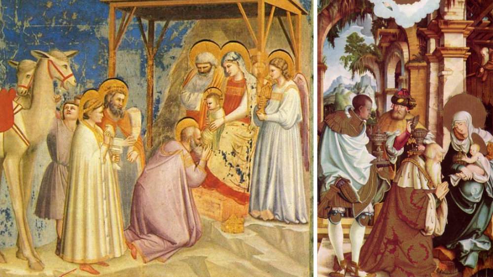 Anbetung der Heiligen Drei Könige, Gemälde von Bartholomäus Bruyn (l.), Dreikönigsbild des unbekannten Malers
