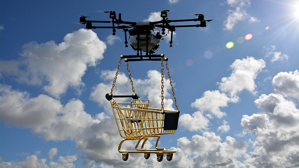 Lieferservice - Drohne mit Einkaufswagen
