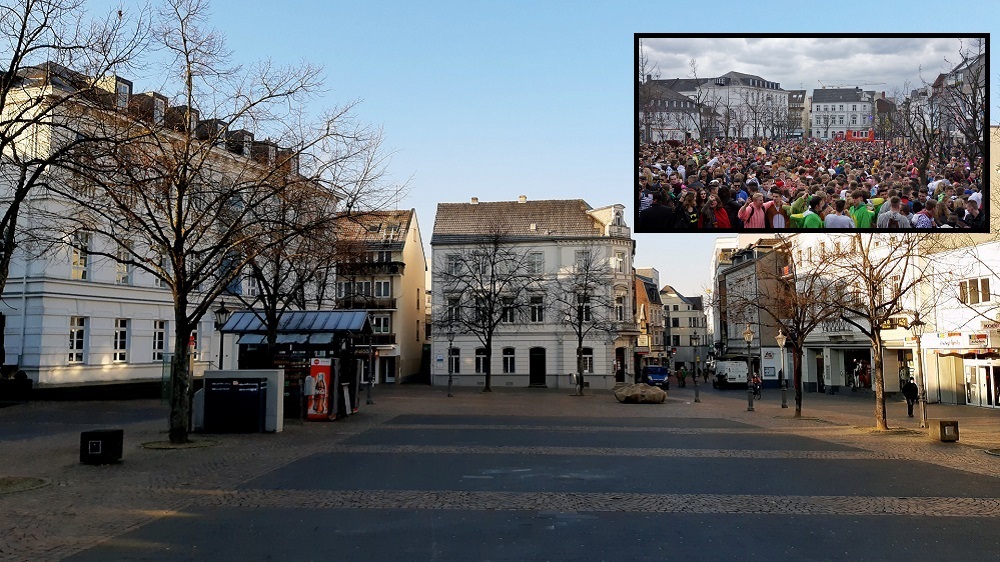 Ein großes Bild zeigt den leeren Marktplatz, ein kleines, eingeklinktes Bild, den Marktplatz voller verkleideter und feiernder Menschen