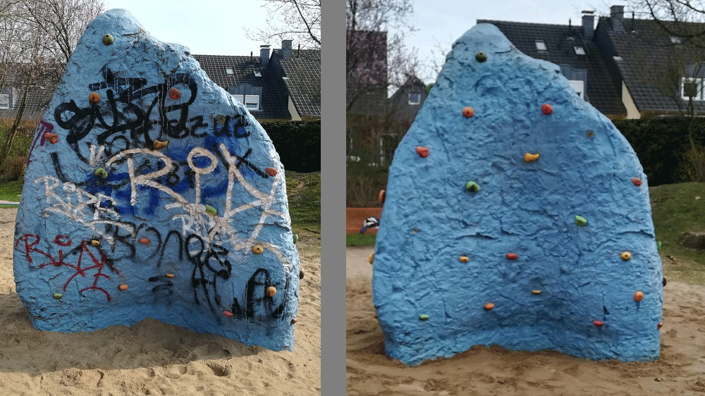 Gesäuberte Kletterwand auf dem Spielplatz am Weißdornweg