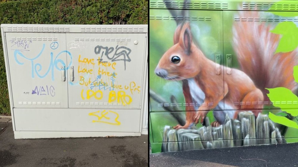 Doppelfoto: links ein mit Graffitis beschmierter Stromkasten, rechts mit einem Eichhörnchenportrait verziert